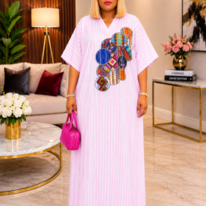 Elegant Women’s Ankara Floral Patch Maxi Kaftan Dress
