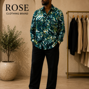 Men’s Tropical Print Long Sleeve Casual Button-Down Shirt