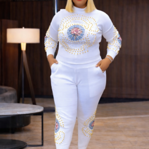 Luxury Gold-Studded Floral Embroidered Knit Two-Piece Set